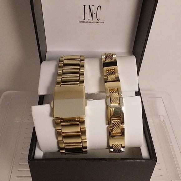INC Gold Plated Stainless Steel Base Metal Wrist Watch And Bracelet With The Box - Picture 3 of 6